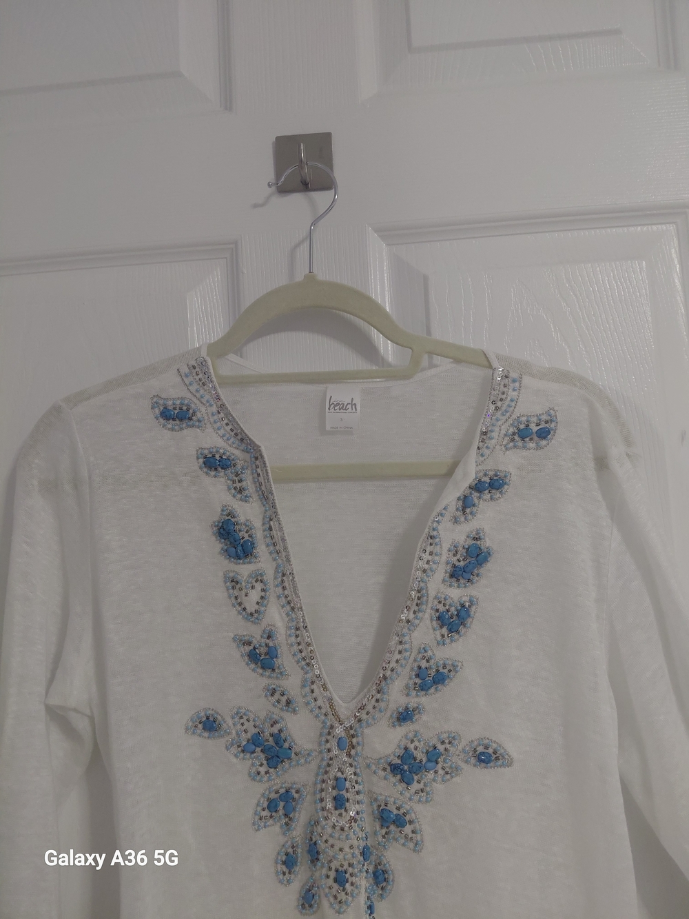 Beach Embellished V-Neck Tunic Top - White with Blue Beading